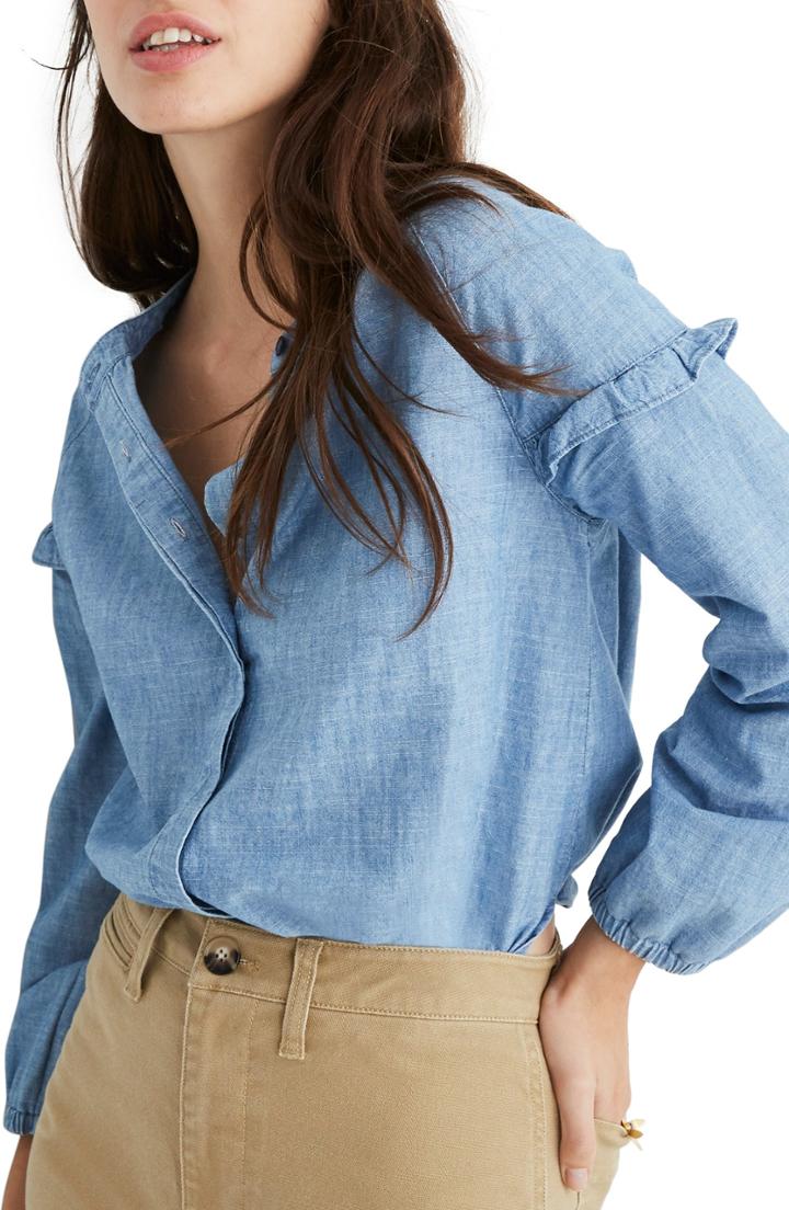Women's Madewell Collarless Ruffle Sleeve Denim Shirt, Size - Blue