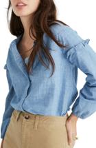 Women's Madewell Collarless Ruffle Sleeve Denim Shirt, Size - Blue