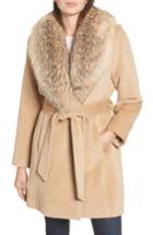 Women's Sofia Cashmere Genuine Badger Fur Collar Wrap Coat - Beige