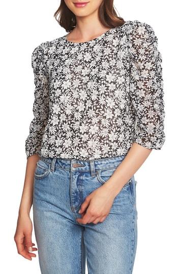 Women's 1.state Wild Blooms Ruched Sleeve Blouse - White