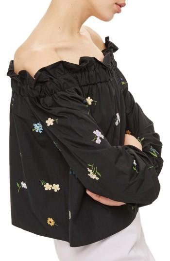 Women's Topshop Bardot Embroidered Top Us (fits Like 0-2) - Black