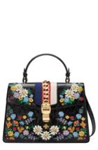 Gucci Medium Sylvie Floral Embroidered Top Handle Leather Shoulder Bag - Black