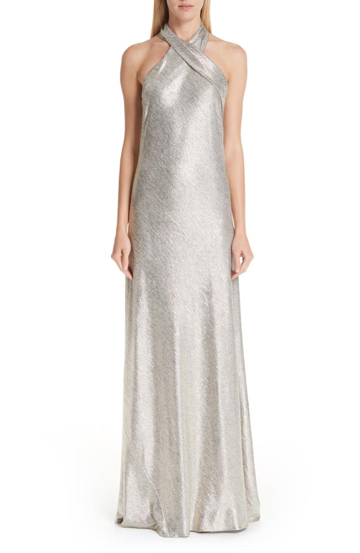 Women's Galvan Twist Halter Neck Metallic Gown