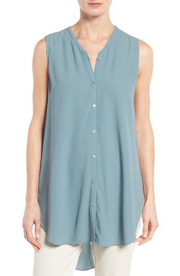 Women's Eileen Fisher Silk Georgette Crepe Asymmetrical V-neck Top - Blue