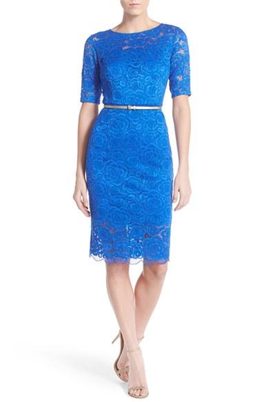 Women's Ellen Tracy Belted Lace Sheath Dress - Blue