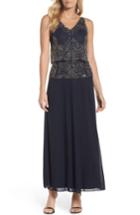 Petite Women's Pisarro Nights Beaded Tiered Popover Gown P - Blue