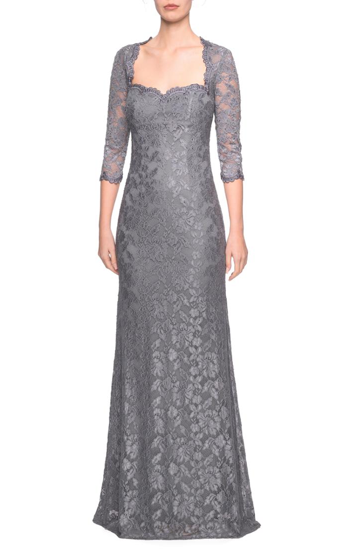 Women's La Femme Lace Column Gown - Grey