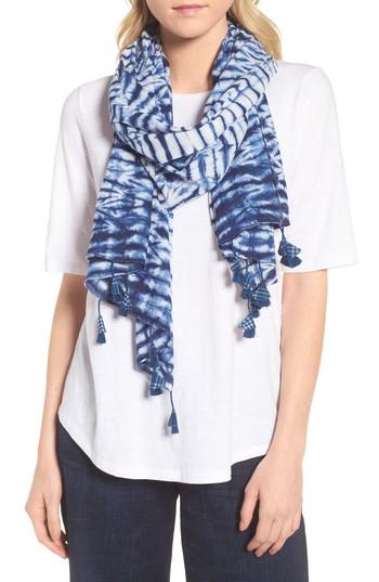 Women's Eileen Fisher Tie Dye Gingham Fringe Scarf, Size - Blue