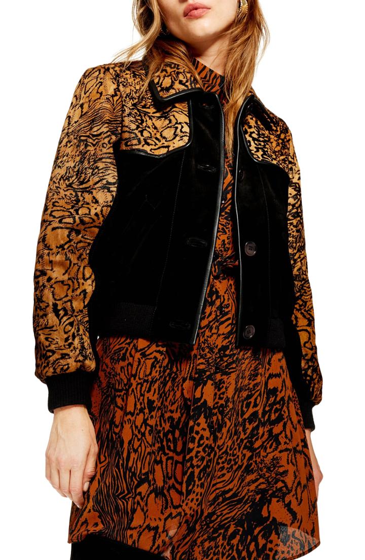 Women's Topshop Animal Print Leather Jacket - Black