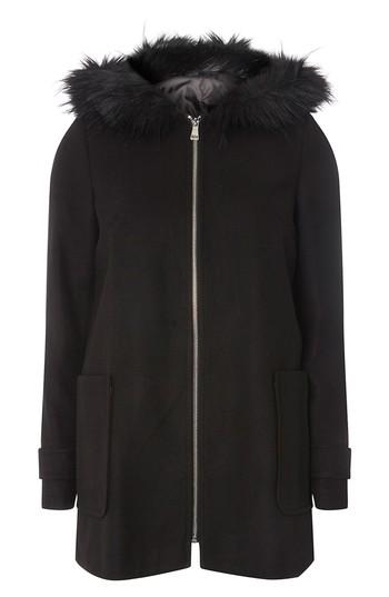 Women's Dorothy Perkins Hooded Duffle Coat With Faux Fur Trim Us / 14 Uk - Black