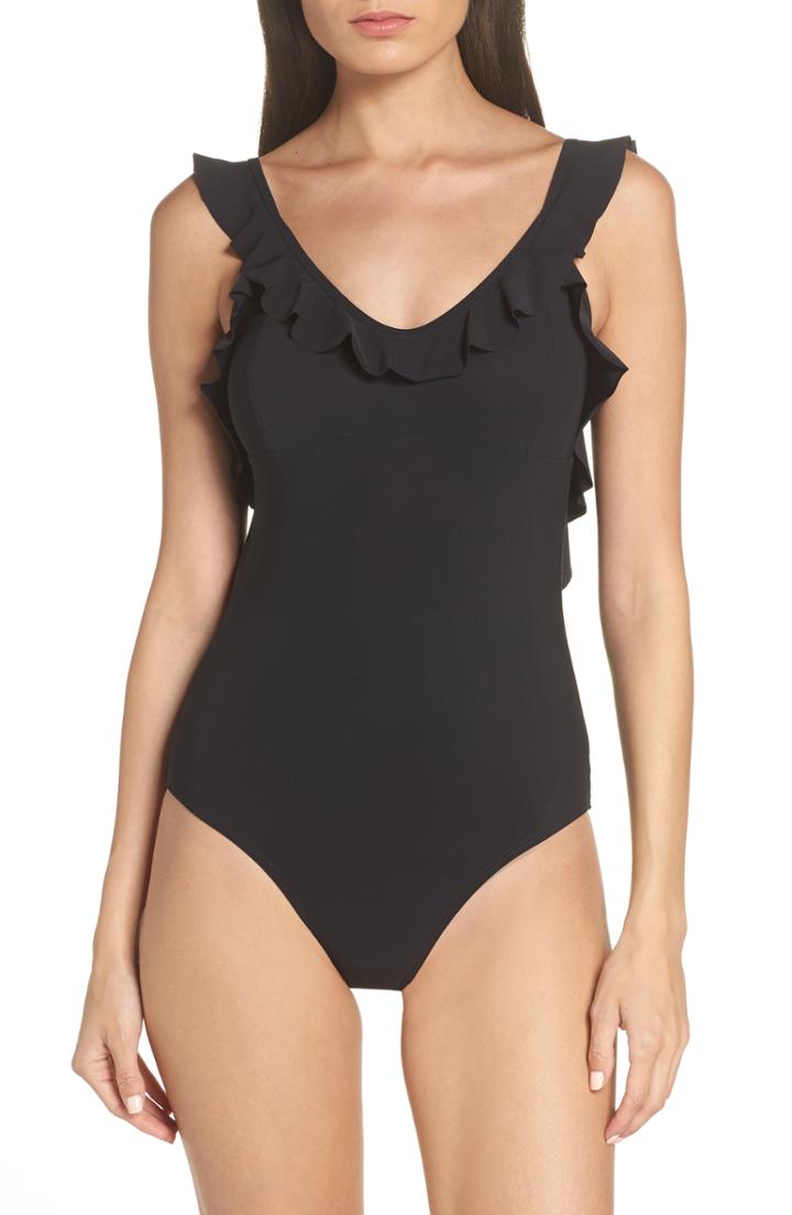 Women's Tory Burch Ruffle Plunge One-piece Swimsuit - Black