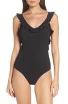 Women's Tory Burch Ruffle Plunge One-piece Swimsuit - Black