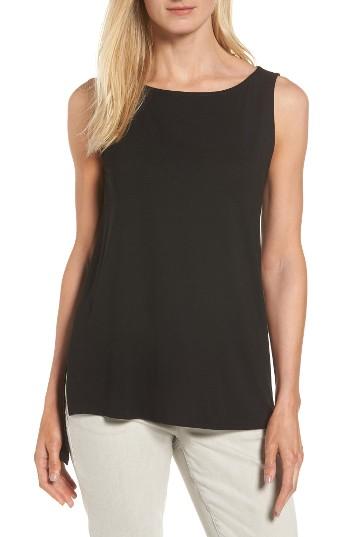 Women's Eileen Fisher Bateau Neck Long Shell, Size - Black