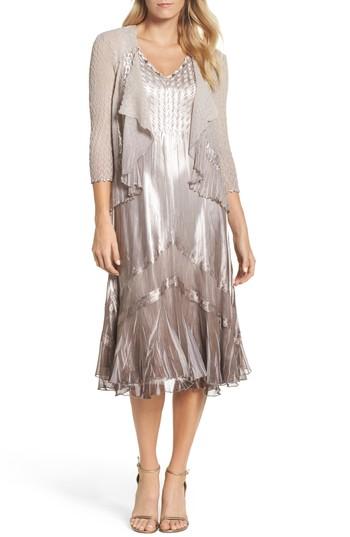 Petite Women's Komarov Beaded Charmeuse & Chiffon Midi Dress With Jacket P - Grey
