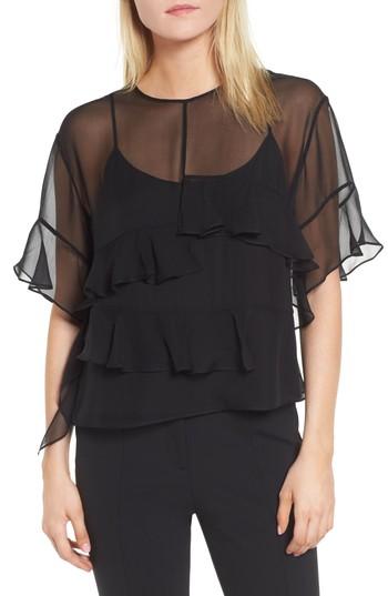Women's Lewit Silk Chiffon Ruffle Top - Black