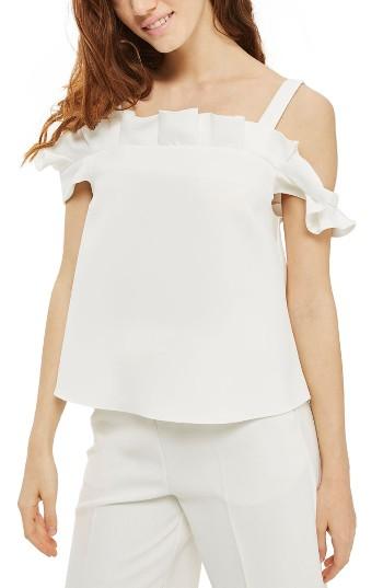 Women's Topshop Pleat Ruffle Bardot Top Us (fits Like 2-4) - Ivory