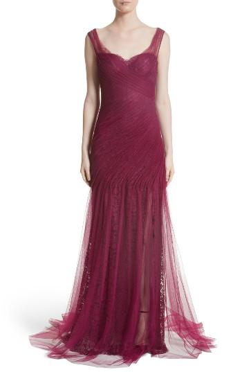 Women's Monique Lhuillier Draped Tulle & Lace Gown