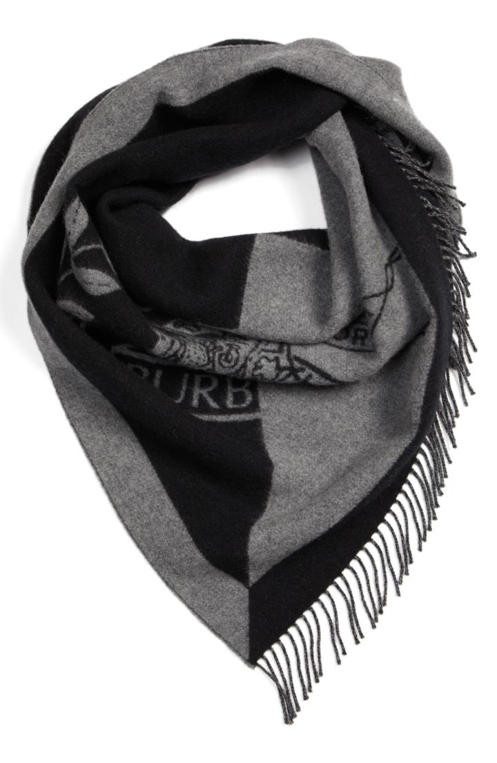 Women's Burberry Graphic Crest Fringe Bandanna Scarf, Size - Grey