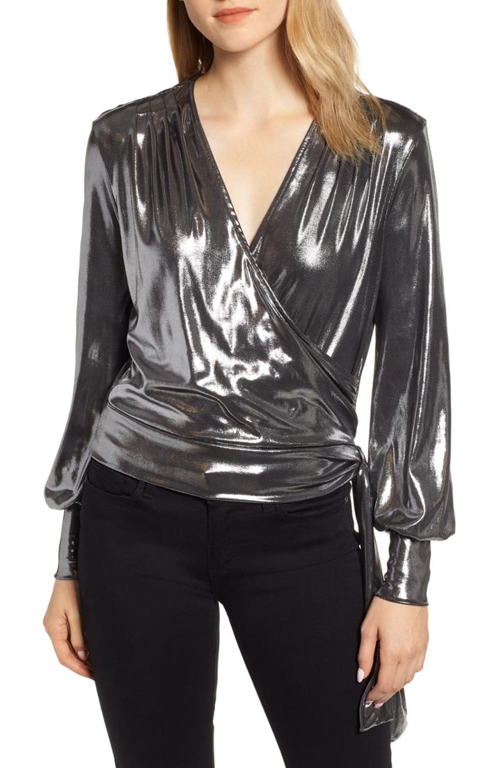 Women's Chelsea28 Metallic Surplice Side Tie Blouse - Metallic