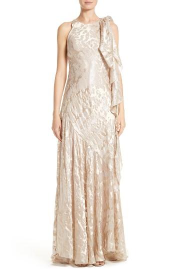 Women's Talbot Runhof Metallic Burnout Jacquard Tie Shoulder Gown - Beige