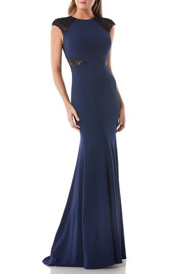 Women's Carmen Marc Valvo Infusion Sequin Trim Trumpet Gown - Blue