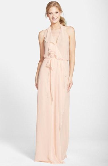 Women's Nouvelle Amsale 'erica' Ruffle Chiffon Halter Neck Wrap Gown, Size - Beige