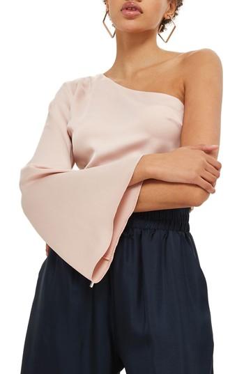 Women's Topshop Satin One-shoulder Angel Blouse Us (fits Like 0-2) - Beige