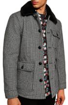 Men's Topman Houndstooth Faux Fur Collar Jacket - Black