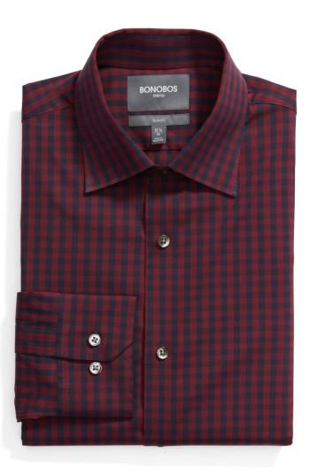 Men's Bonobos Timber Trim Fit Stretch Check Dress Shirt .5 - 32 - Red