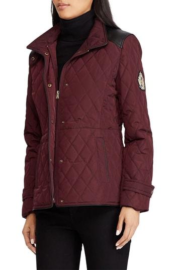 Women's Lauren Ralph Lauren Quilted Faux Leather Trim Jacket - Burgundy