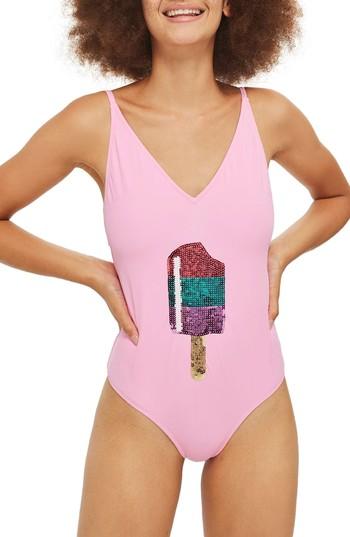 Women's Topshop Sequin Ice Lolly One-piece Swimsuit Us (fits Like 0-2) - Pink