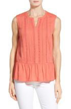 Women's Caslon Lace Trim Sleeveless Ruffle Hem Blouse