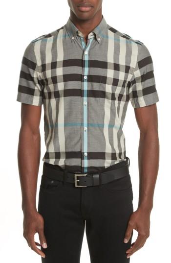 Men's Burberry Moore Regular Fit Plaid Short Sleeve Sport Shirt - Grey