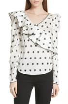 Women's Self-portrait Ruffle Star Print Satin Top - White