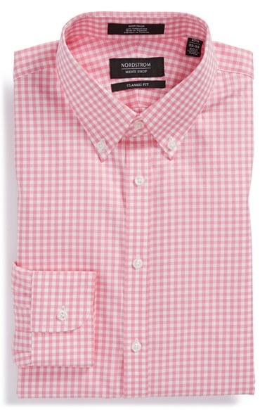 Men's Nordstrom Men's Shop Classic Fit Non-iron Gingham Dress Shirt 34 - Pink (online Only)