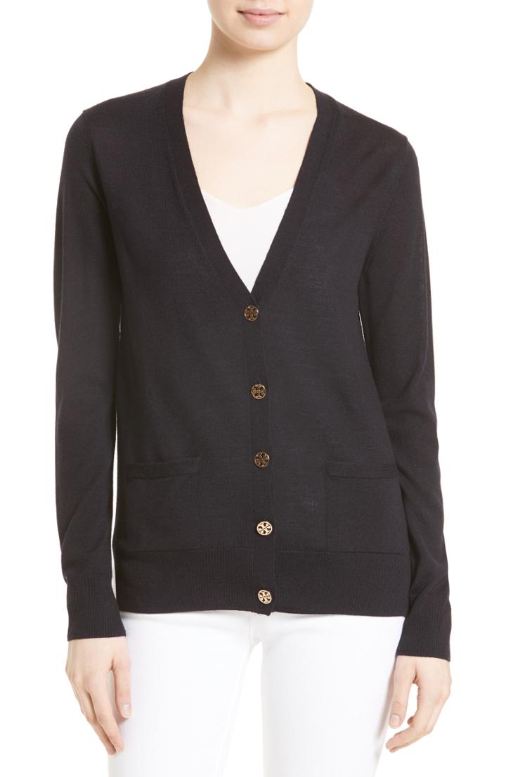 Women's Tory Burch Madeline Merino Wool Cardigan, Size - Blue