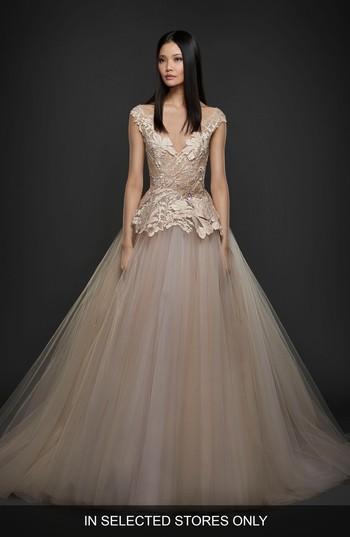 Women's Lazaro Floral Embroidered Peplum Ballgown, Size In Store Only - Pink