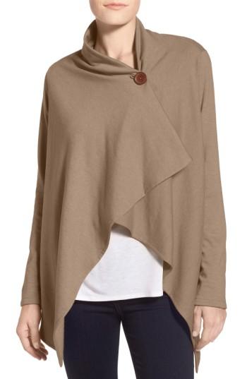 Petite Women's Bobeau One-button Fleece Wrap Cardigan, Size P - Brown