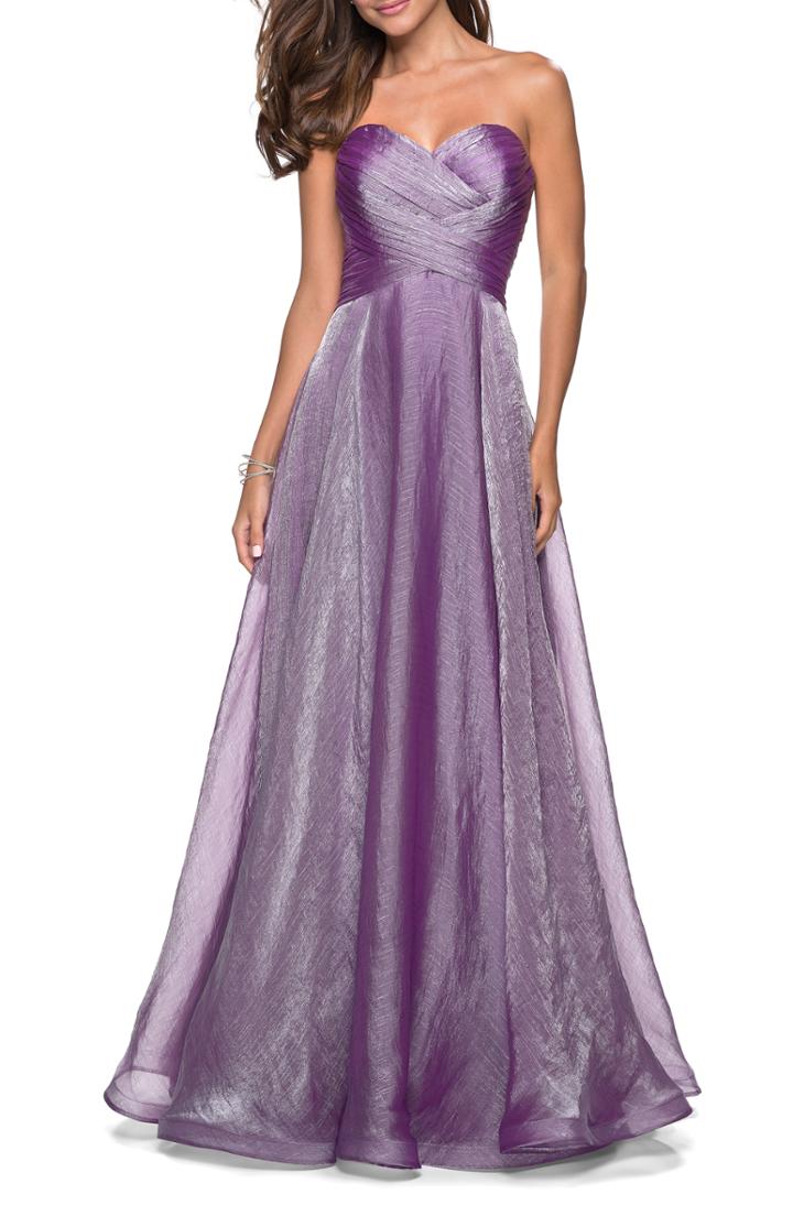 Women's La Femme Strapless Metallic Chiffon Evening Dress - Purple