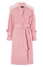 Women's Topshop Faux Fur Collar Belted Wool Blend Coat Us (fits Like 0-2) - Pink