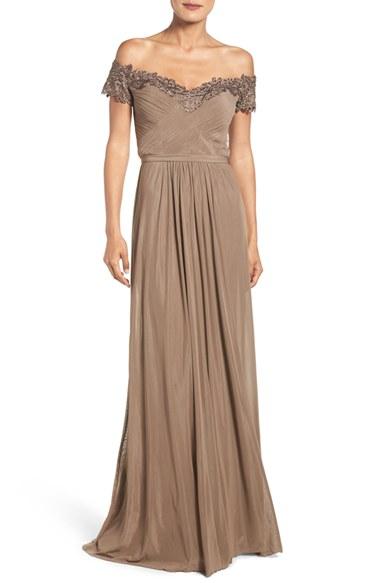 Women's La Femme Embellished Off The Shoulder Gown - Beige