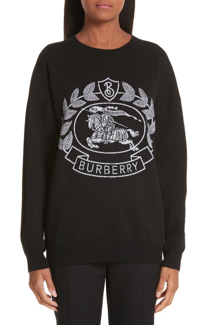 Women's Burberry Bilston Logo Jacquard Merino Wool Blend Sweater, Size - Black