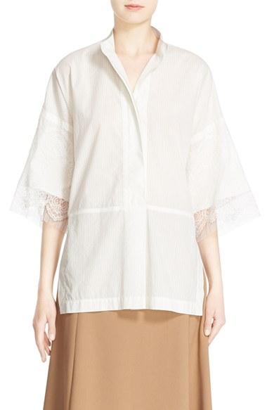 Women's Victor Alfaro Stripe Cotton High/low Shirt With Lace Trim