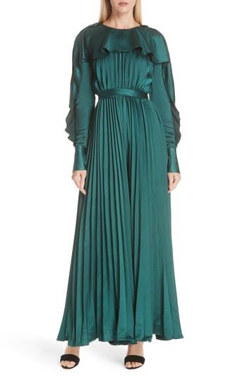 Women's Self-portrait Ruffle Trim Pleated Satin Jumpsuit - Green