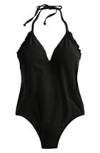 Women's J.crew Pique Ruffle Halter One-piece Swimsuit - Black
