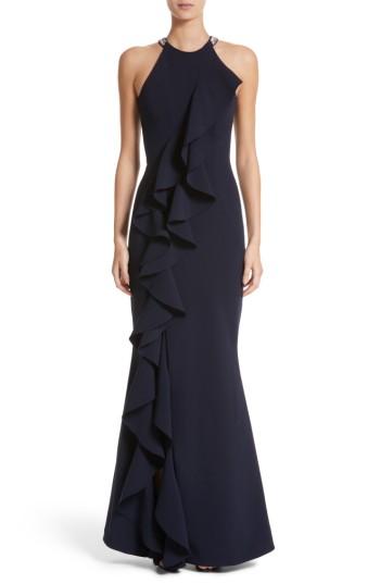 Women's Rachel Gilbert Embellished Frill Front Crepe Gown - Blue