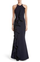 Women's Rachel Gilbert Embellished Frill Front Crepe Gown - Blue