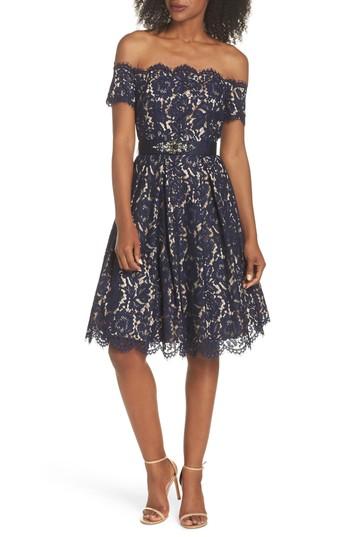Women's Eliza J Embellished Lace Fit & Flare Dress - Blue