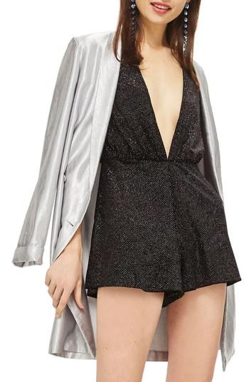 Women's Topshop Sparkle Velvet Plunge Romper Us (fits Like 0) - Black