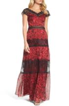 Women's Tadashi Shoji Rose Print Lace & Chiffon Gown - Red